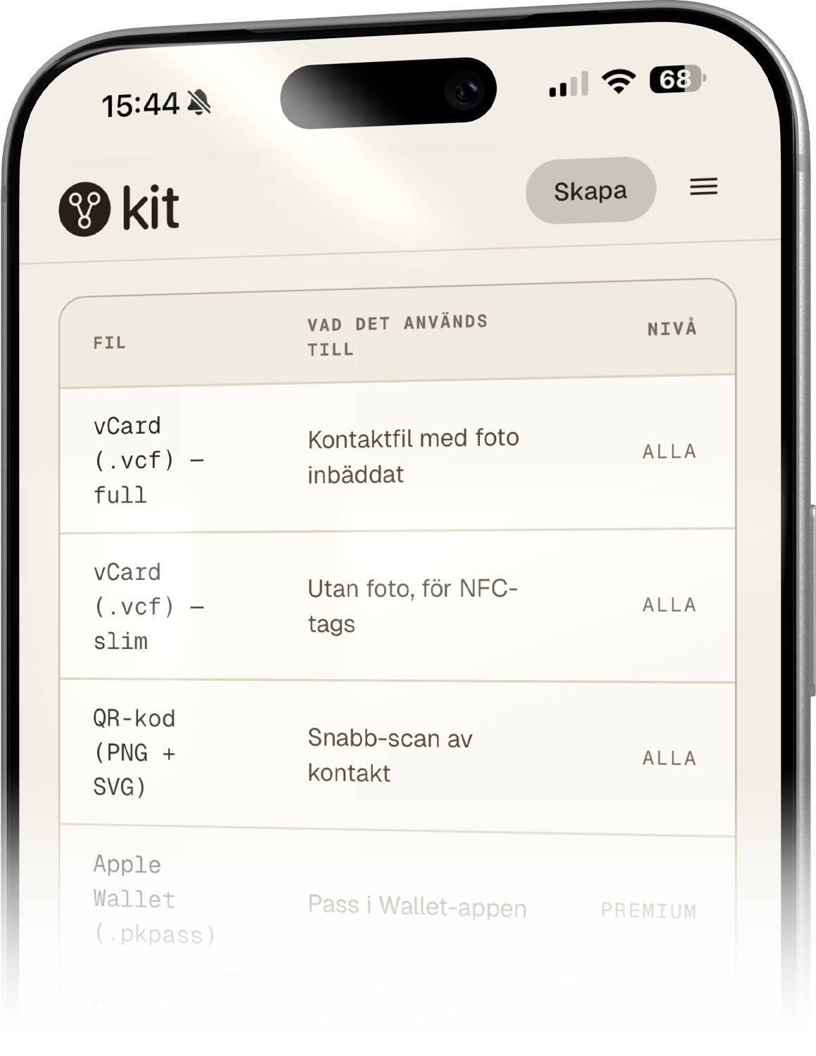 vkit Skapa-sidan på iPhone
