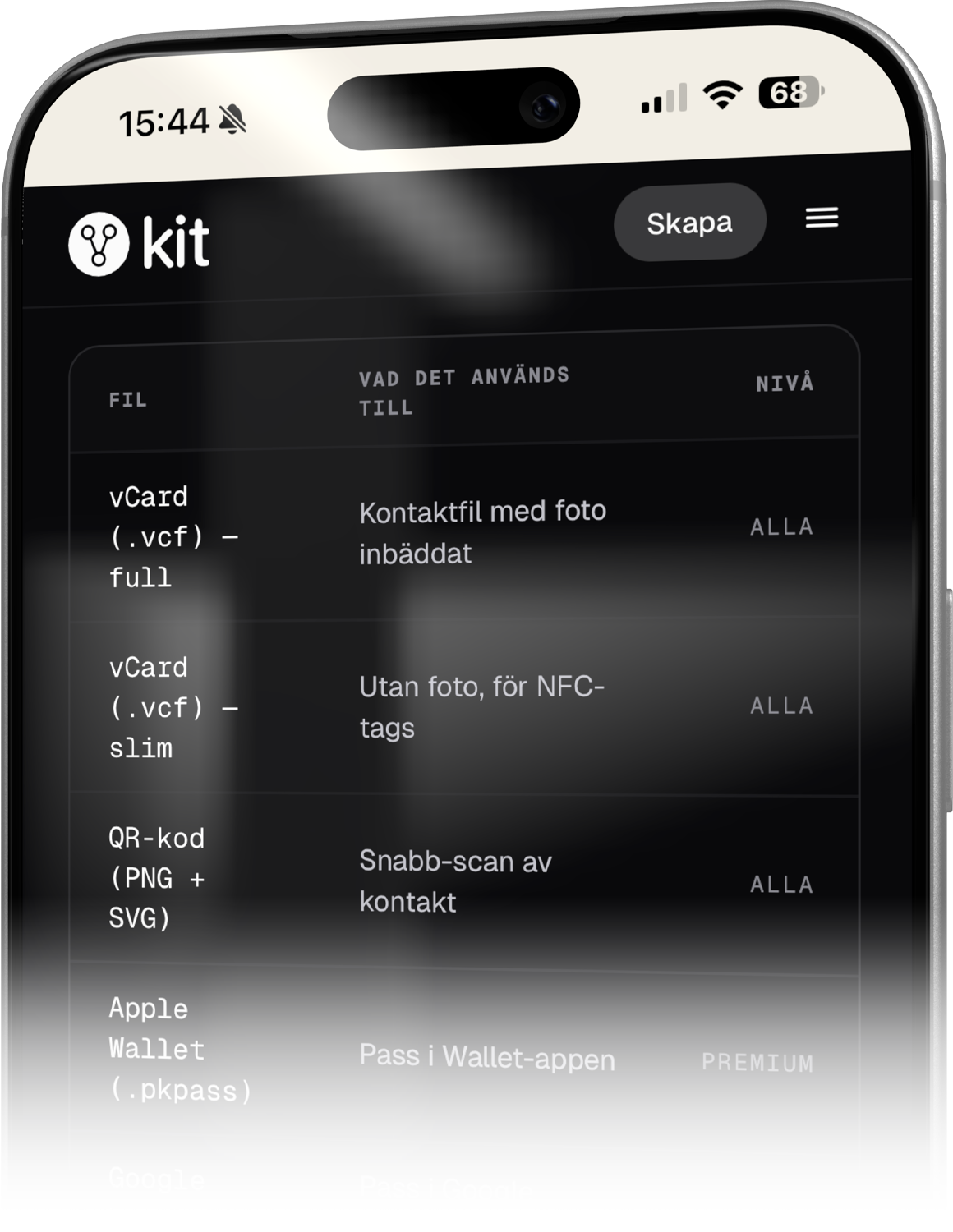 vkit Skapa-sidan på iPhone